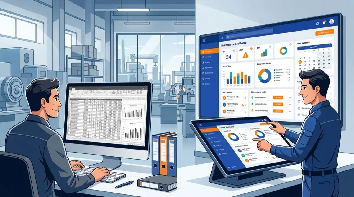 Excel táblázat és karbantartási szoftver összehasonlítását bemutató illusztráció