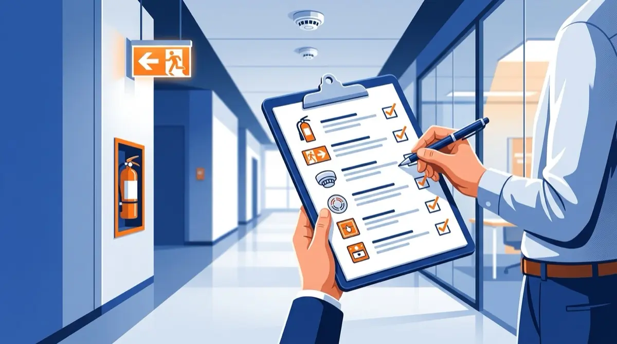 Digitális tűzvédelmi ellenőrzőlista kitöltésének folyamatát bemutató illusztráció