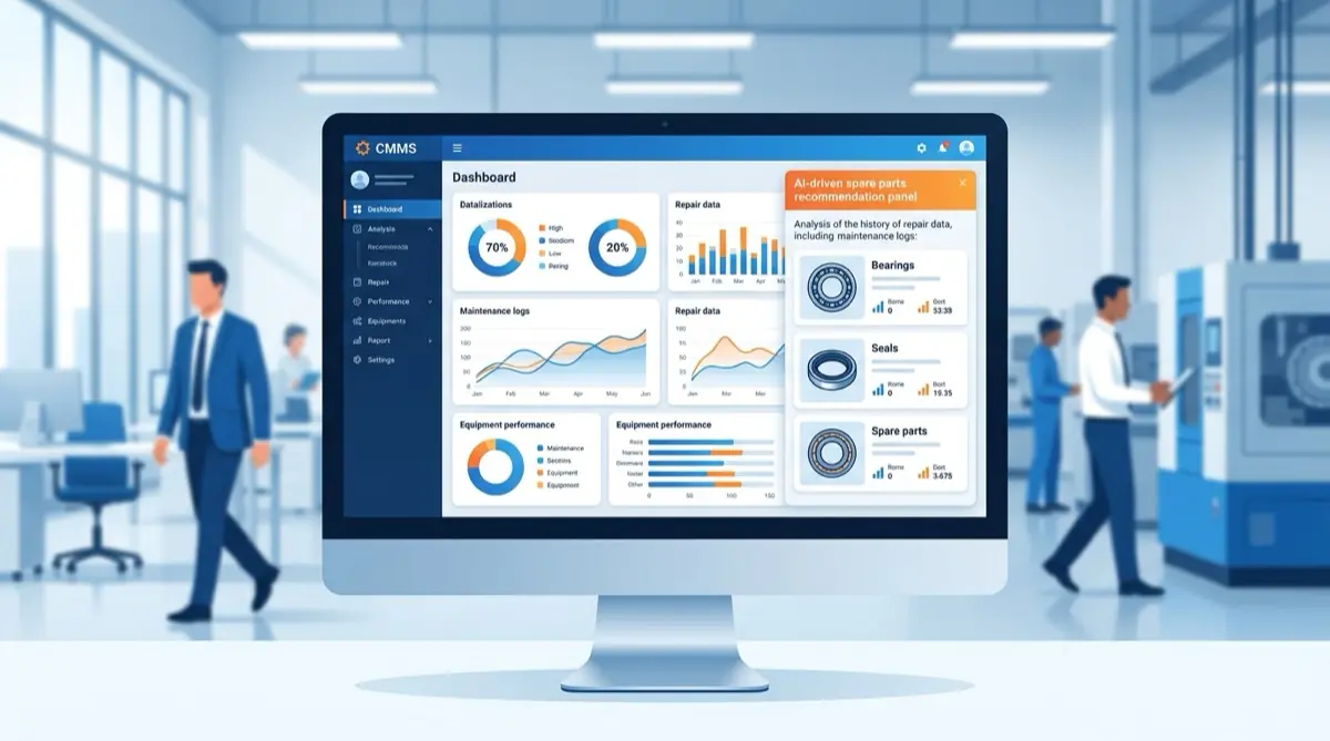 AI alkatrész-javaslat a korábbi javítások alapján a CMMS dashboardon