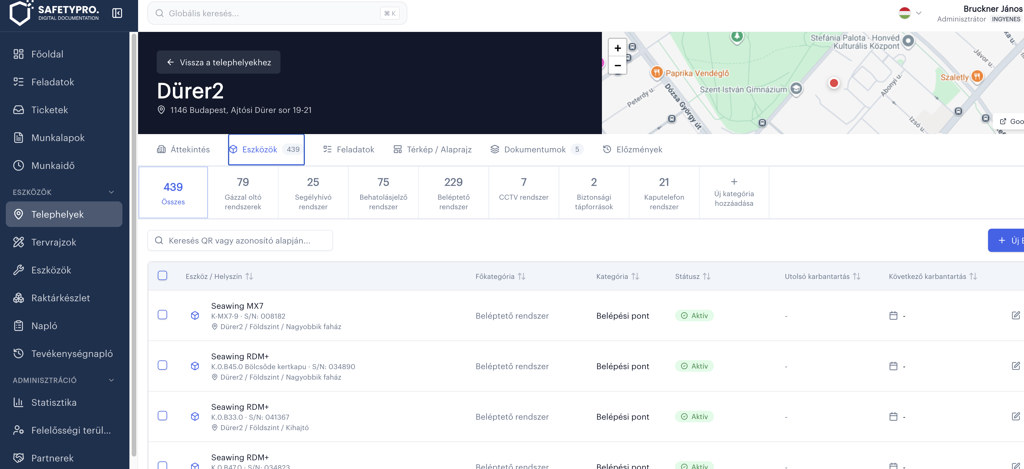 SafetyPro Digitális Napló — eszközök és munkalapok a dashboardon